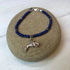 Bracelet, Silver Equestrian Charm, Clasp; Navy Beads, 7", Adult or Child